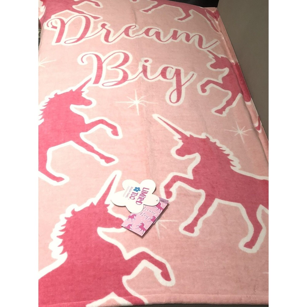 LIMITED TOO Pink Unicorn Beach Towel Girls Cotton Dream Big Graphic Text New